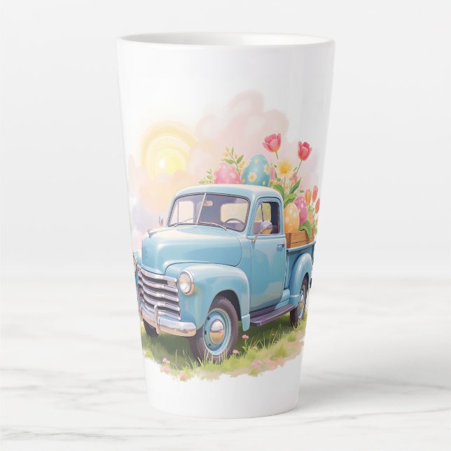 Vintage Blue Truck with Easter Eggs & Tulips Milchtasse (Vorderseite)