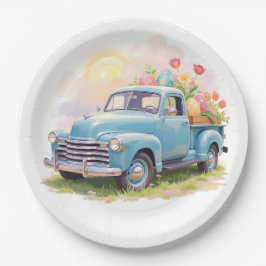 Vintage Blue Truck with Easter Eggs & Tulips Pappteller