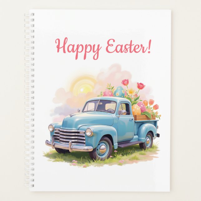 Vintage Blue Truck with Easter Eggs & Tulips Planer (Vorderseite)