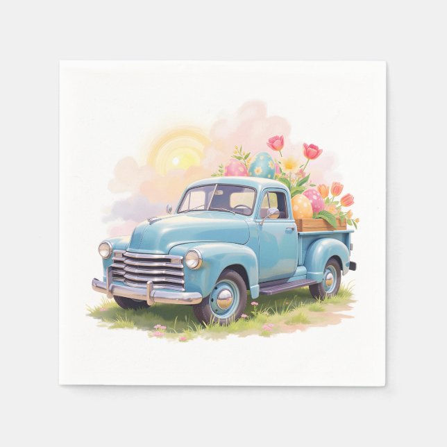 Vintage Blue Truck with Easter Eggs & Tulips Serviette (Vorderseite)