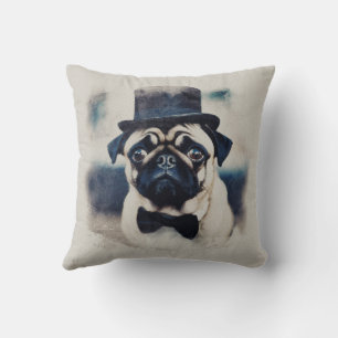 Vintage BLue und Red Tuxedo Mops Portrait Kissen