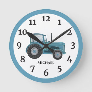 Vintage Blue Watercolor Farm Tractor Wall Clock Runde Wanduhr