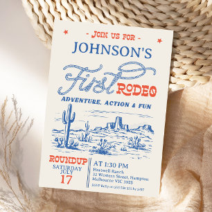 Vintage Blue Western Wüsten Rodeo 1. Geburtstag Einladung