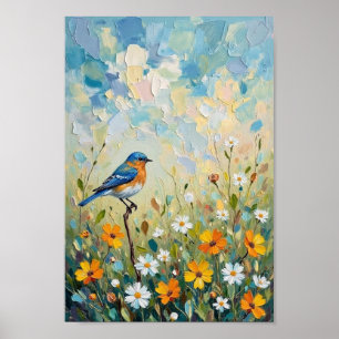Vintage Bluebird-Wiesen-Blumenkunst Poster