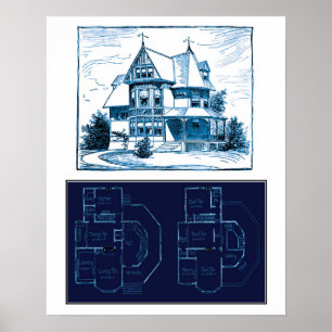 Vintage-Blueprint eines viktorianischen Hauses Poster
