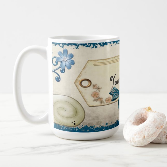 Vintage Blues Whimsical Individuelle Name Tasse (Mit Donut)