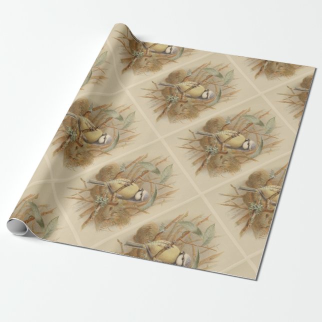 Vintage Bluetit-Illustration Geschenkpapier (Ungerollt)