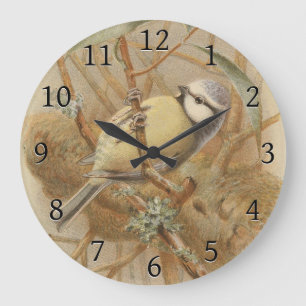 Vintage Bluetit-Illustration Große Wanduhr