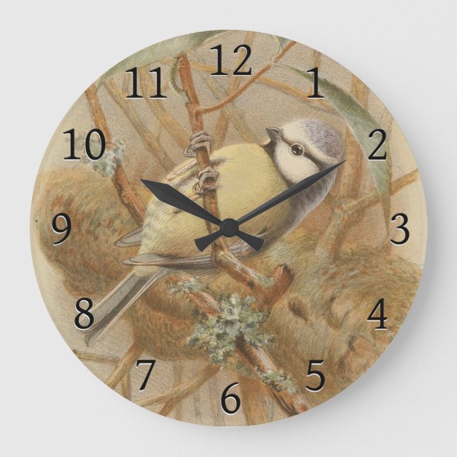 Vintage Bluetit-Illustration Große Wanduhr (Vorderseite)