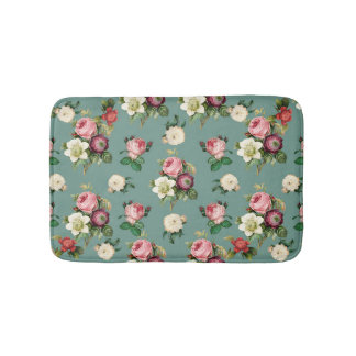 Vintage Blume auf Stone Blue, Retro Floral Print Badematte