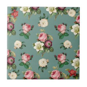 Vintage Blume auf Stone Blue, Retro Floral Print Fliese