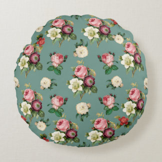 Vintage Blume auf Stone Blue, Retro Floral Print Rundes Kissen