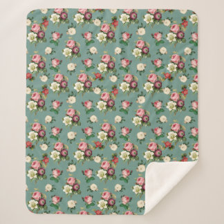 Vintage Blume auf Stone Blue, Retro Floral Print Sherpadecke