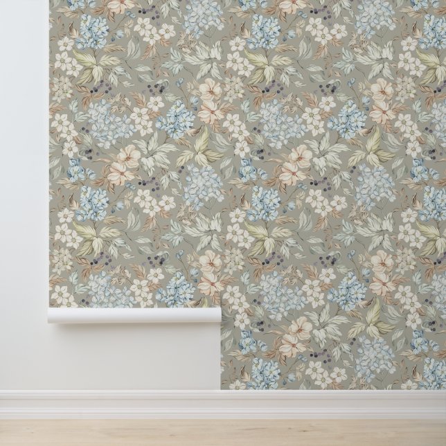 Vintage Blume Blätter Berries Branches Mist Gray Tapete (Anwendung)