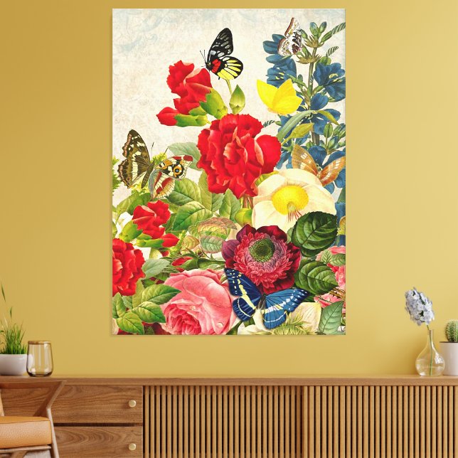 Vintage Blume Bouquet Butterfliegen Wrapped Canvas Leinwanddruck (Insitu (Wohnzimmer))