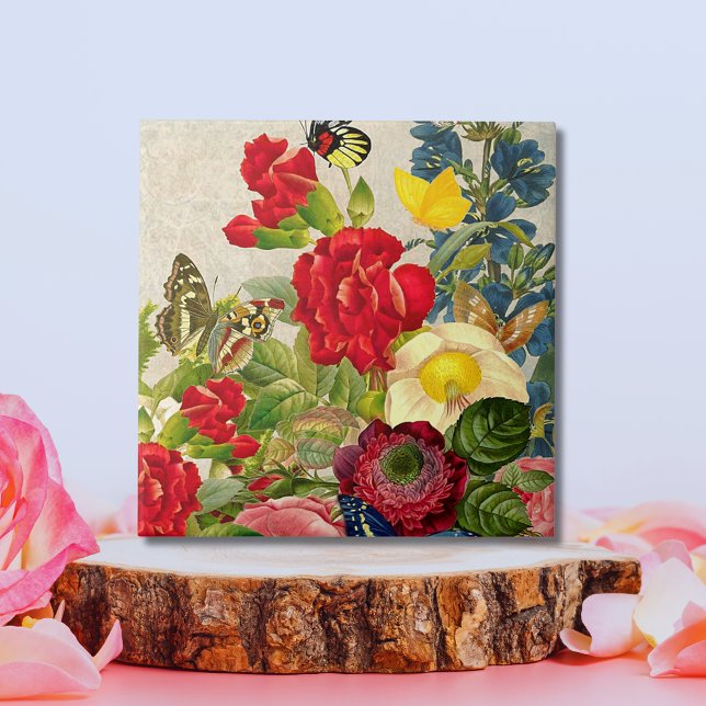 Vintage Blume Bouquet mit Schmetterlingen Fliese (Vintage Flower Bouquet with Butterflies Ceramic Large Tile)