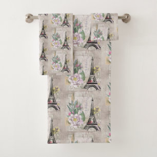Vintage Blume Collage & Eiffelturm-Muster Badhandtuch Set