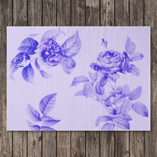 Vintage Blume der Blumendekoupage Lila Blaue Rose Seidenpapier (Vintage roses floral tissue paper, blue flowers on lavender purple background, for decoupage & gifts)