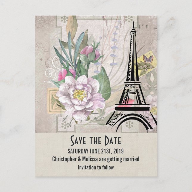 Vintage Blume, Eiffelturm Save the Date Postkarte (Vorderseite)