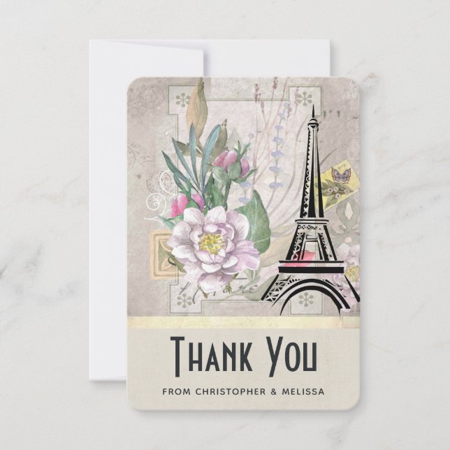 Vintage Blume, Eiffelturm und Burlap-Hochzeit Dankeskarte (Vorderseite)