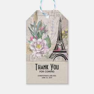 Vintage Blume, Eiffelturm und Burlap-Hochzeit Geschenkanhänger