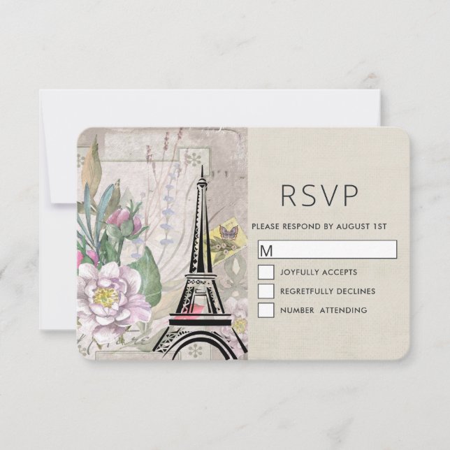Vintage Blume, Eiffelturm und Burlap-Hochzeit RSVP Karte (Vorderseite)