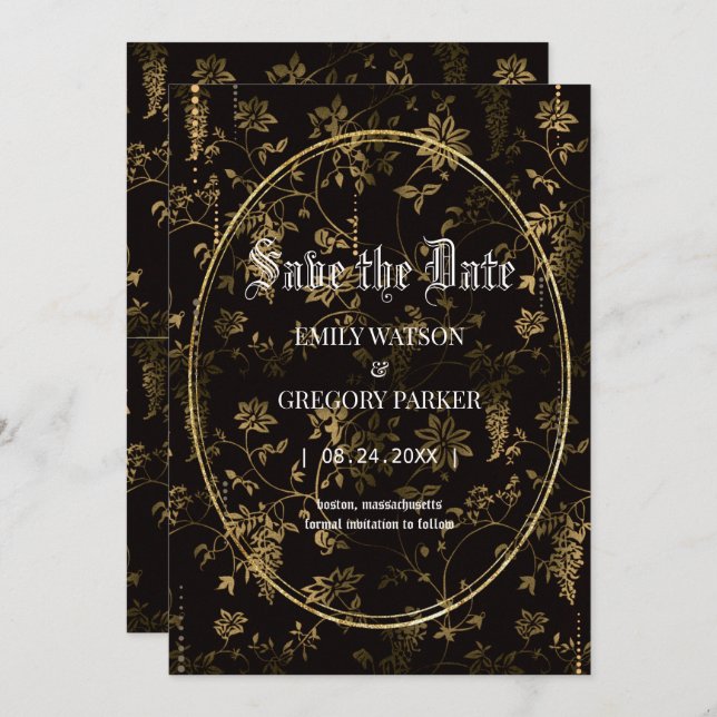 Vintage Blume, Goldrahmen Save the Date (Vorne/Hinten)