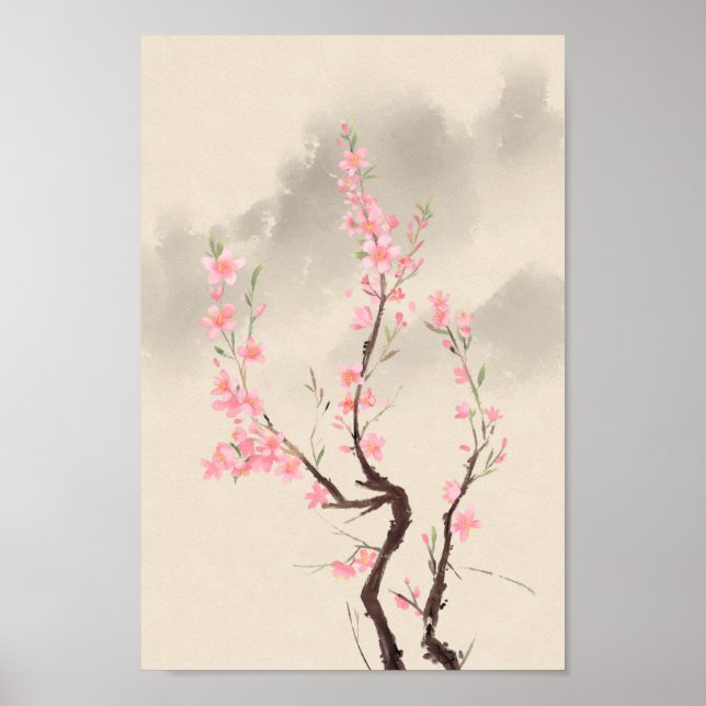 Vintage Blume im chinesischen Stil, grün rosa Poster (Vorne)