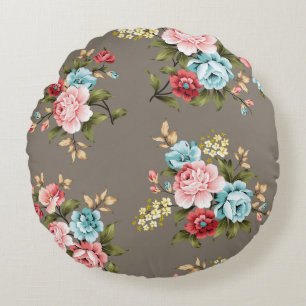 Vintage Blume in Rosa und Blau, grün und cremefarb Rundes Kissen