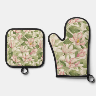 Vintage Blume in Rosa und Weißes Magnolien Ofenhandschuh & Topflappen-Set