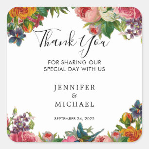 Vintage Blume mit Aquarellfarben Hochzeitsdanken Quadratischer Aufkleber