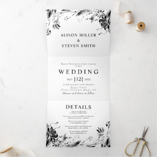 Vintage Blume mit schwarzer Linie Foto Hochzeit Dreifach Gefaltete Einladung