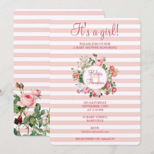 Vintage Blume Rosa Streifen Babydusche Mädchen Einladung (Vorne/Hinten)