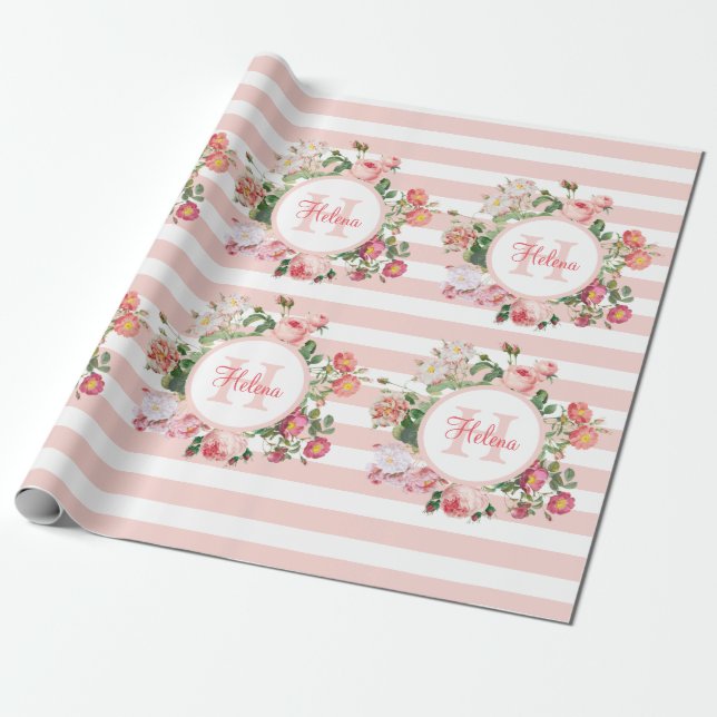 Vintage Blume Rosa Streifen Monogramm Geschenkpapier (Ungerollt)