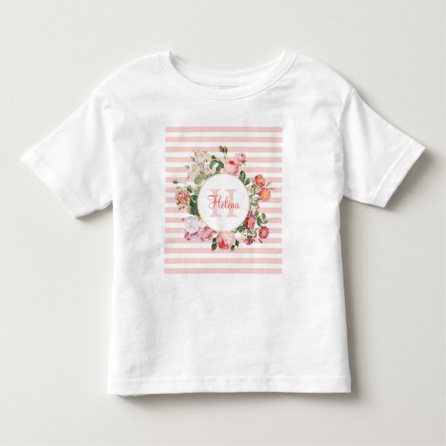 Vintage Blume Rosa Streifen Monogramm Kleinkind T-shirt (Vorderseite)