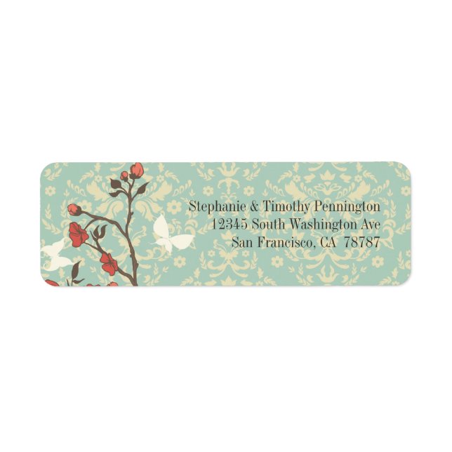 Vintage Blume, Schmetterling + Damast-Adressetiket (Vorne)