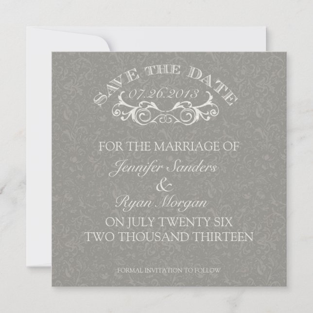 Vintage Blume Swirl Monogramm Save the Date grau (Vorderseite)