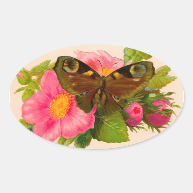 Vintage Blume und Moth Ovaler Aufkleber (Vorderseite)