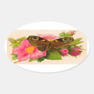 Vintage Blume und Motte Ovaler Aufkleber
