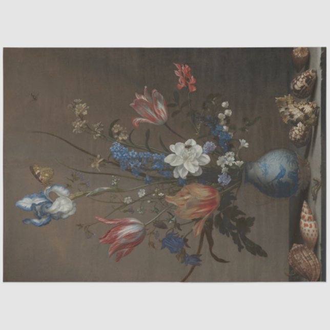 Vintage Blume und Muscheln Stillleben Malerei Seidenpapier (Vorderseite)