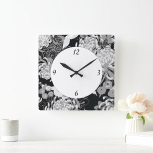 Vintage Blume und Vögel, schwarz, weiß und grau Quadratische Wanduhr