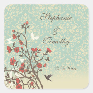 Vintage Blume Vogel + Damast Hochzeitsaufkleber Quadratischer Aufkleber