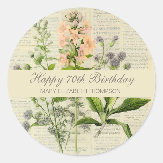 Vintage-Blumen 70. Geburtstag Runder Aufkleber (Vorderseite)