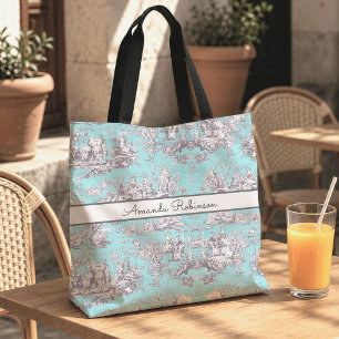 Vintage Blumen Aqua Blau Toile de Jouy Monogramm