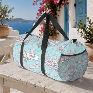 Vintage Blumen Aqua Blau Toile de Jouy Monogramm Duffle Bag