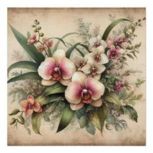 Vintage-Blumen-Aquarell mit pastellfarbenen Orchid Poster