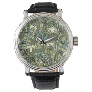 Vintage-Blumen Art Nouveau Schneeglöckchen-Blumen Armbanduhr