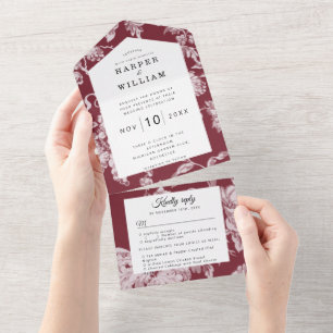 Vintage Blumen auf roter Wein Hochzeit All In One Einladung