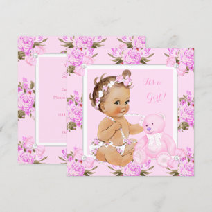 Vintage-Blumen-Baby-Shower-Mädchen-Rosa-Bär Einladung