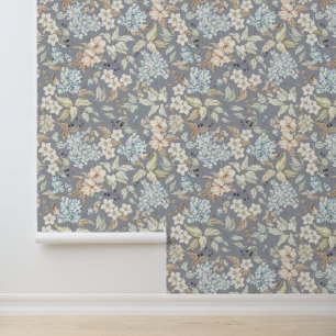 Vintage Blumen Blätter Beeren Zweige Kühlgrau Tapete